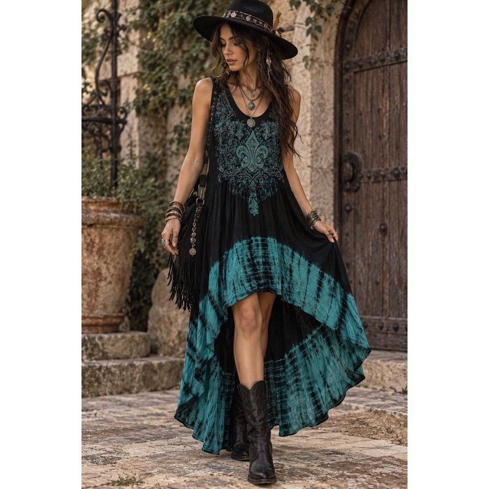 Vocal Women XL Black Turquoise Whimsygoth Rhinestone Fleur De Lis High Low Dress